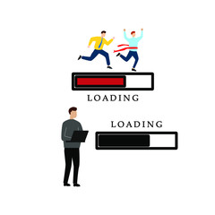  Set of flat cartoon characters isolated with two people running and loading sign, man with laptop and loading sign