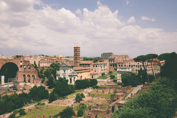 Fototapeta na wymiar Panoramic view of Roman forum, also known by Forum Romanum