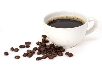 Closeup white cup of coffee with coffee seeds isolated on white background.