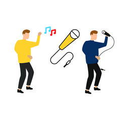 Set of flat cartoon characters isolated with people dancing, microphone with wire, note sign