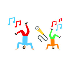 Set of flat cartoon characters isolated with people dancing, microphone with wire