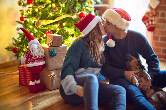 Young beautiful couple smiling happy and confident.. Sitting on the floor wearing santa claus hat hugging dog around christmas tree at home