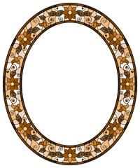 Illustration in stained glass style flower frame, brown flowers and leaves on a white background