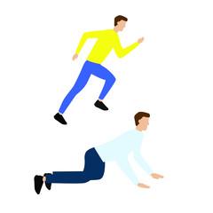 Fototapeta na wymiar Set of flat cartoon characters isolated with man running, man crawling
