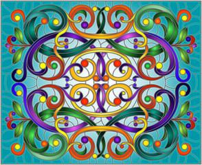 Illustration in stained glass style with abstract  swirls,flowers and leaves  on a blue background,horizontal orientation