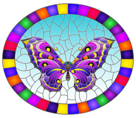 Illustration in stained glass style with bright purple butterfly on blue background, oval picture in bright frame