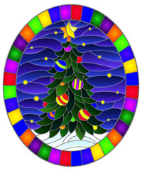 Illustration in stained glass style with a Christmas tree on a background of snow and starry sky, oval illustration in bright frame