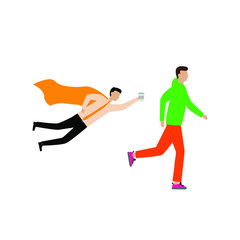 Set of flat cartoon characters isolated with man with coffee and a superhero cloak, man is running