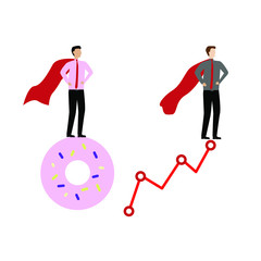 Set of flat cartoon characters isolated with man standing on a donut, man and financial graph.