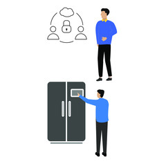 Set of flat cartoon characters isolated with man and data protection, man and refrigerator.