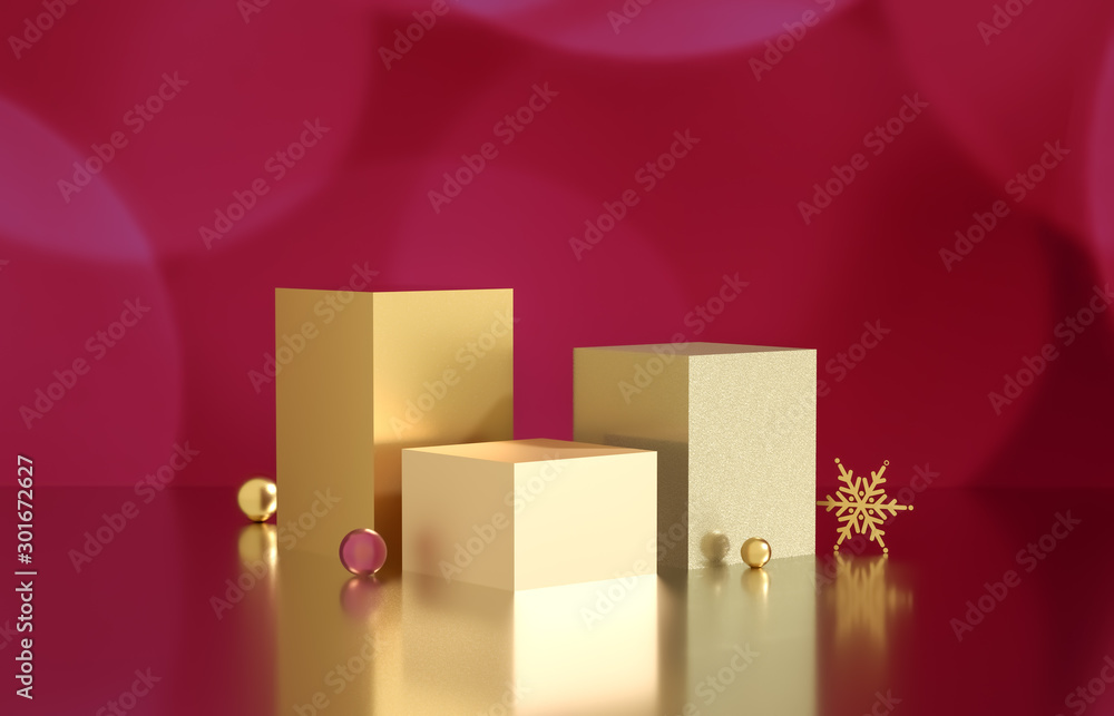 Poster Empty cube box with bokeh background. Luxury cosmetic product display scene. 3d render.