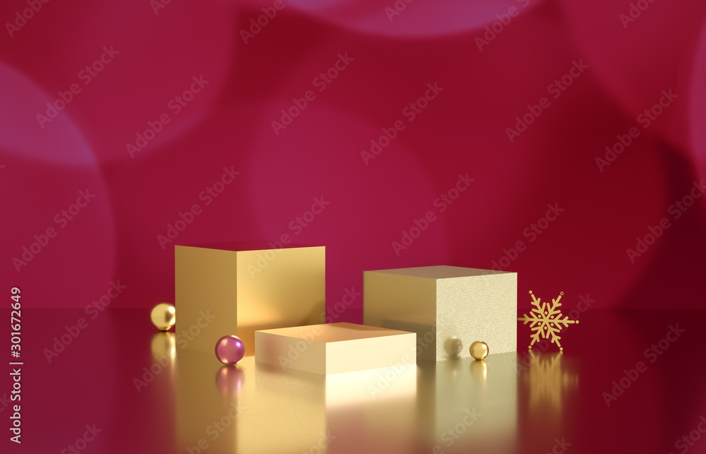 Poster Empty cube box with bokeh background. Luxury cosmetic product display scene. 3d render.