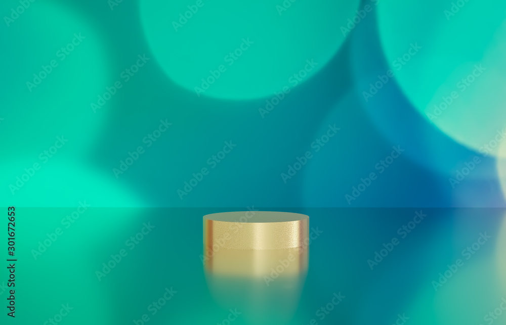 Poster Empty cylinder box with bokeh background. Luxury cosmetic product display scene. 3d render.
