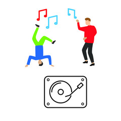 Set of flat cartoon characters isolated with man dancing and dj remote