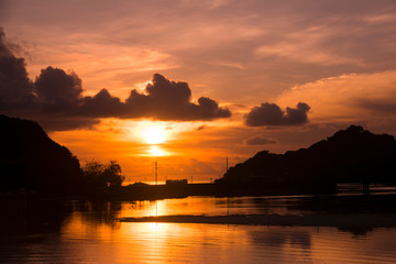 Naklejka premium View of bridge and Beautiful tropical sunset in Koror state, Rock Island, Palau, Pacific