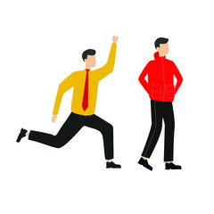 Set of flat cartoon character with man in a tie runs, man goes