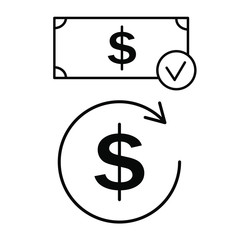Set of simple icons with dollar sign and arrow, dollar and check mark
