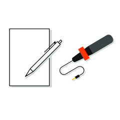 Set of colored icons with pen and document, microphone