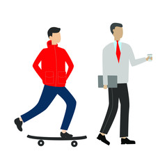  Set of flat cartoon character isolated with man on skateboard and man with coffee