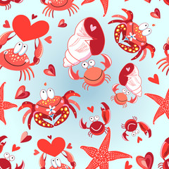 Seamless bright pattern of loving crabs with hearts