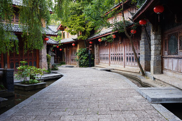 Traditional oriental building along the canal. Shuhe ancient town is a small village a couple miles...
