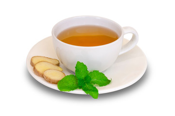 Closeup white cup of ginger tea with slice of mature ginger root and fresh green mint leaves isolated on white background with clipping path. Natural herbal plant ,healthy drink and beverage concept.