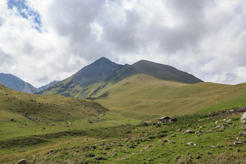 Panorama view of mountains scenes in national park Dombay, Caucasus