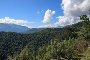 Closeup view mountains and valley scenes in national park Dombai, Caucasus