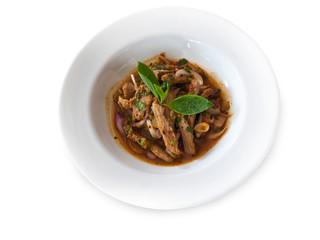 slide grilled pork salad  on a white background,with clipping path