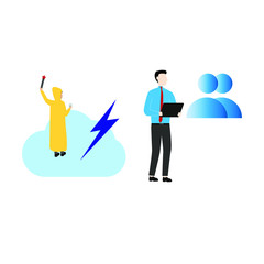 Set of flat cartoon characters isolated with a man in a raincoat on a cloud and a person and person sign