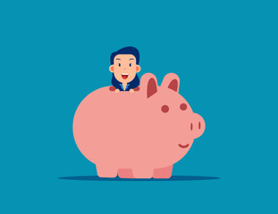 Cute business man with Piggy bank. Business financial concept. Vector illustration in cartoon style