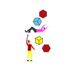 Set of flat cartoon character isolated with man and cubes