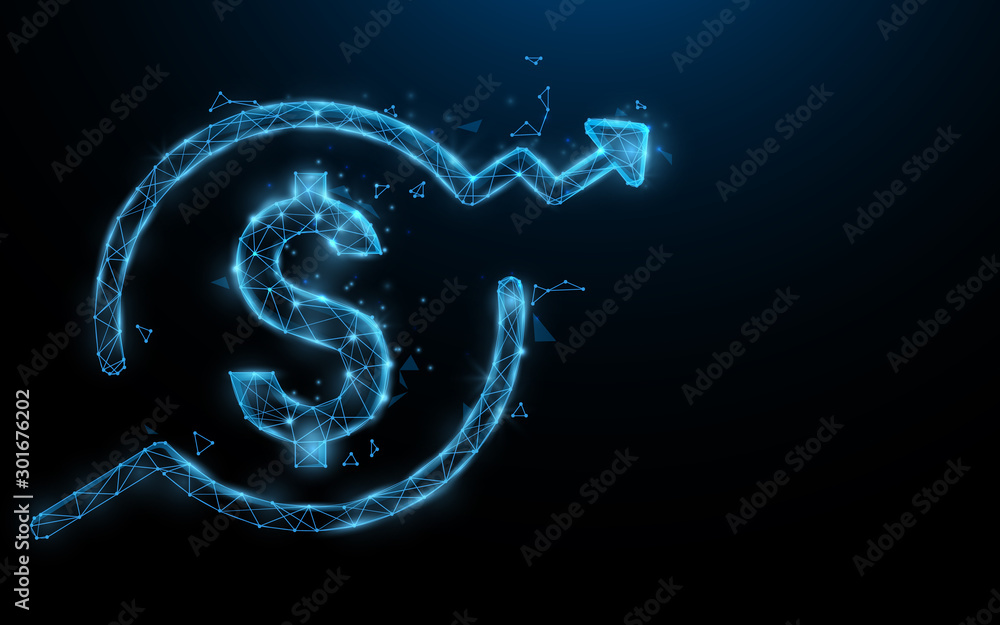 Poster dollar money sign growing up form lines, triangles and particle style design. illustration vector