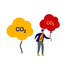  Set of flat cartoon character isolated with man and co2 sign in the form of a balloon