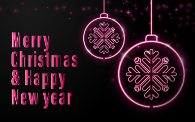 Happy new year banner. Neon sign of Christmas balls with christmas calligraphy on black background