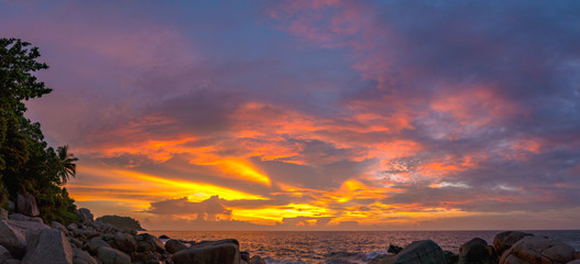 panorama sunset at Laem Sai cape. Many small and large stones surround Laem Sai cape from Karon Beach to Kata Beach..