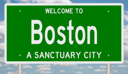 Fototapeta na wymiar Rendering of a green 3d highway sign for sanctuary city Boston