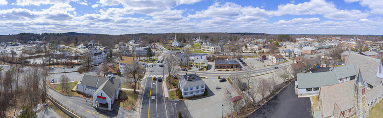 Chelmsford historic town center including the Town Common and Central Square aerial view panorama in spring, Chelmsford, Massachusetts, MA, USA.