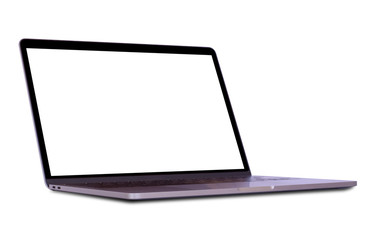 Colseup modern laptop computer in right side view with blank white screen mockup template isolated on white background. Blank copy space. Clipping path. Full depth of field.