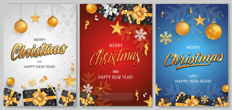 Merry Christmas and Happy New Year backgrounds template set with gold glitter elements