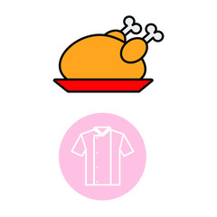  Set of simple icons with fried chicken on a plate and chef shirt