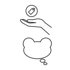 Set of vector icons with hand with price tag and speech bubble