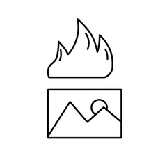 Set of vector icons with flame and landscape in the photo