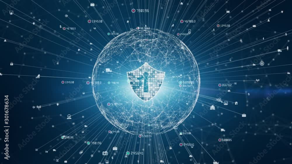 Aufkleber shield icon on secure global network, cyber security and information network protection, future tech