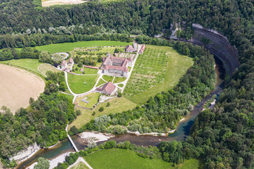 Aerial view of the Hauterive Abbey by the Sarine river in Canton Fribourg, Switzerland