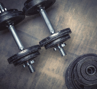 Sports dumbbells photographed from above