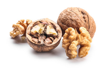 Tasty walnuts on white background