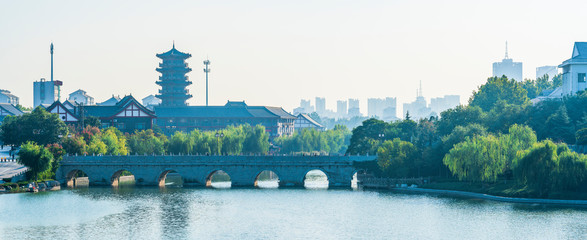 China's ancient city of the shandong qingzhou stone bridge landscape in the autumn