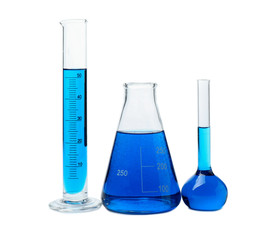Chemical glassware with samples on white background