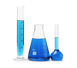 Chemical glassware with samples on white background